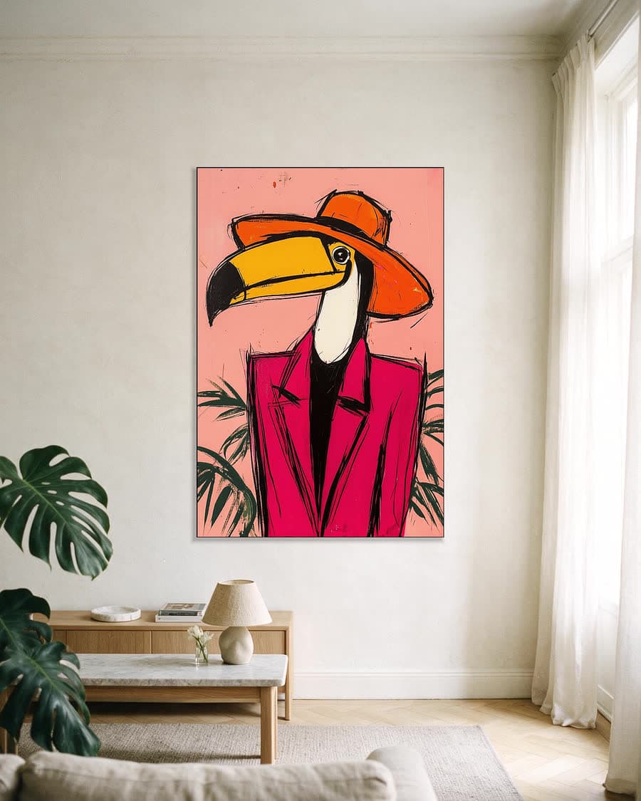 Toekan met hoed in een aluminium frame aan dezelfde muur