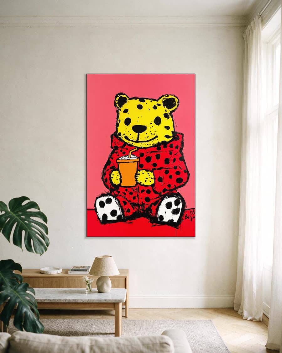 Luipaardbeer op rood in een aluminium frame aan dezelfde muur