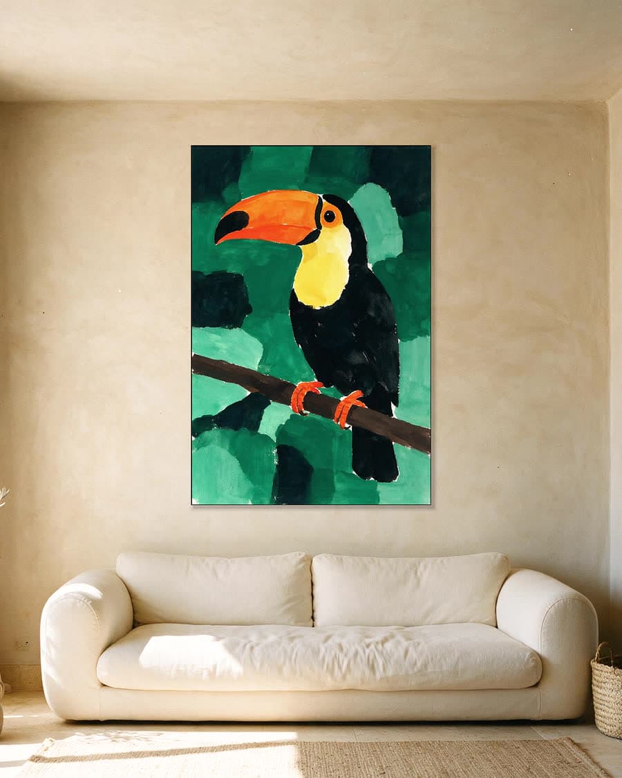 Toekan op een tak in een aluminium frame aan dezelfde muur