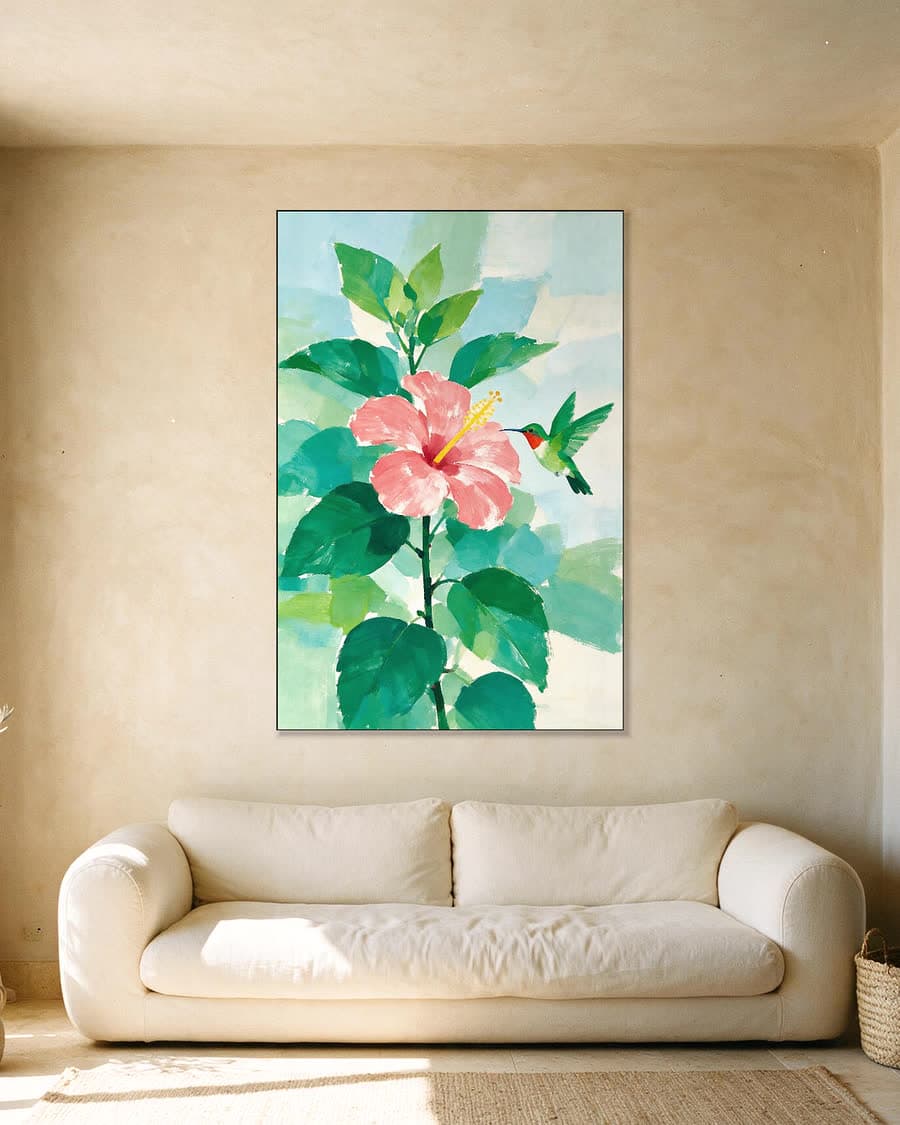 Kolibrie en hibiscus in een aluminium frame aan dezelfde muur