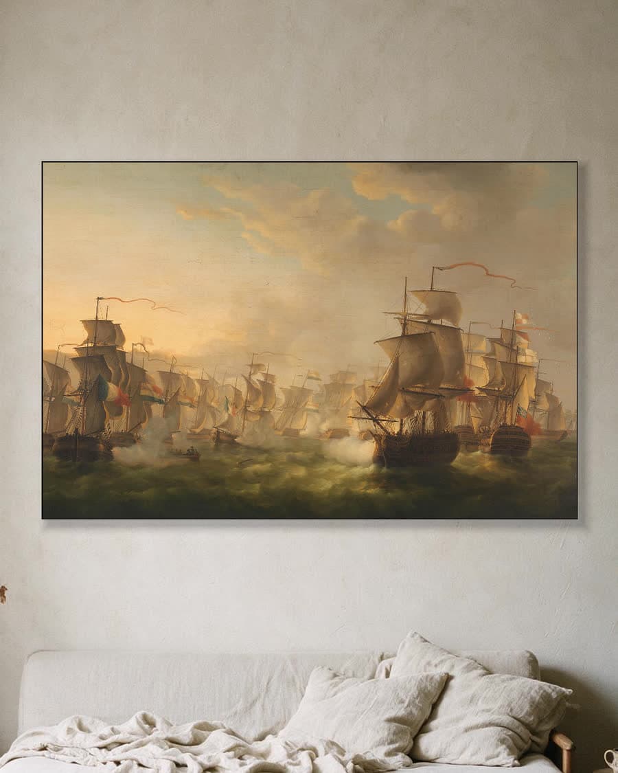Treffen van de Nederlandse en Britse vloot in een aluminium frame aan dezelfde muur