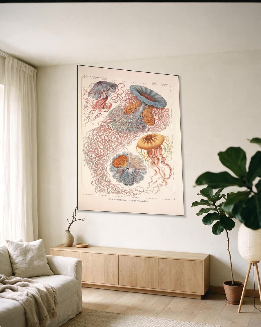 Discomedusae (Kunstformen der Natur, plaat 8) in een aluminium frame aan dezelfde muur