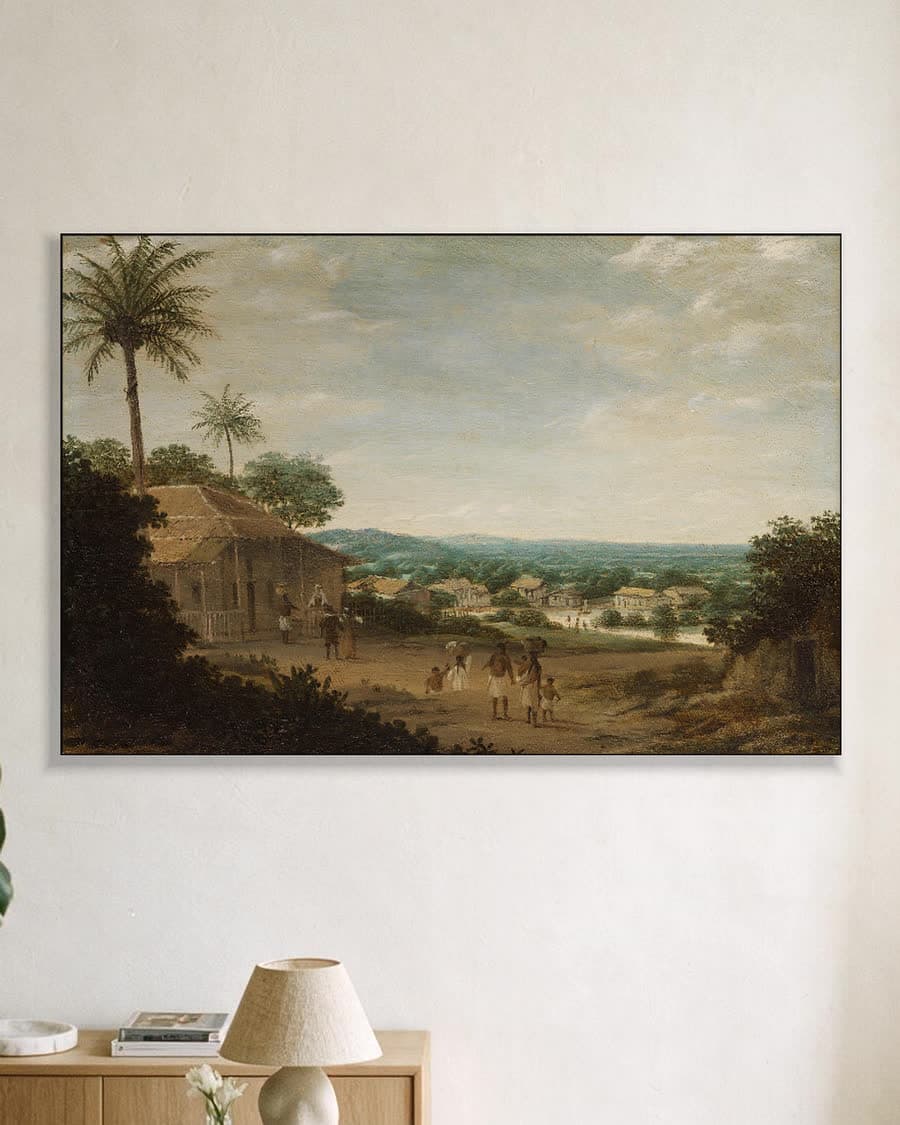 Tropisch dorpsleven in een aluminium frame aan dezelfde muur
