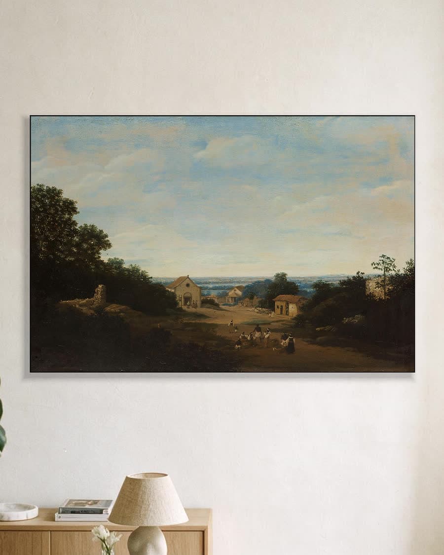 Dorpsgezicht met verre horizon in een aluminium frame aan dezelfde muur