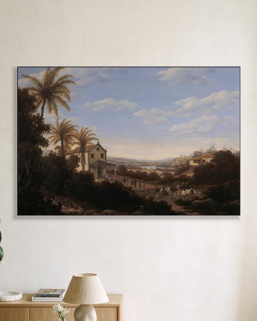 Tropisch dorpsgezicht met palmbomen in een aluminium frame aan dezelfde muur