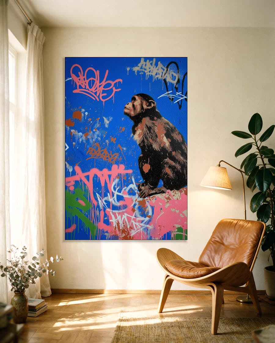 Aap op kobalt in een aluminium frame aan dezelfde muur