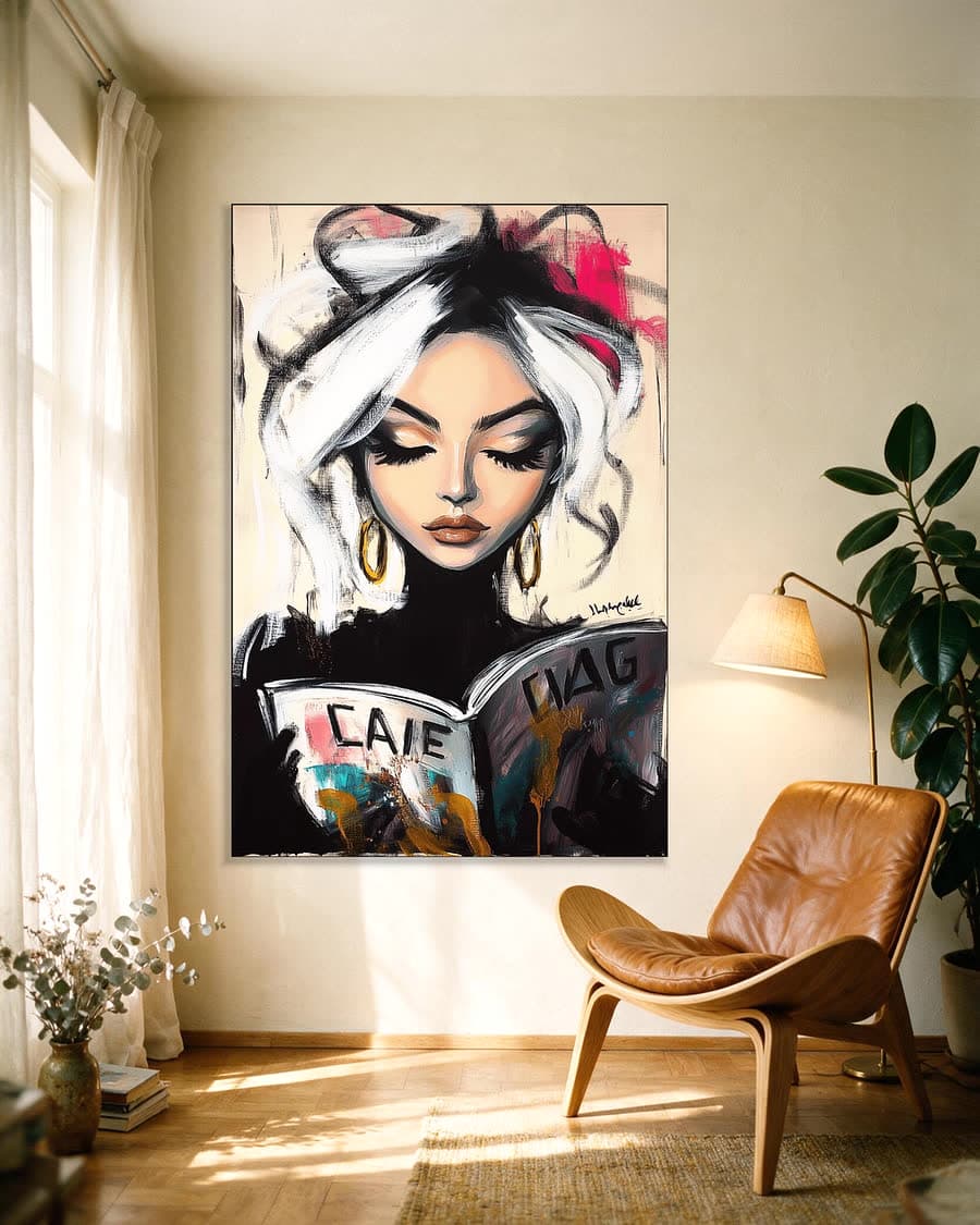 De lezeres in zwart in een aluminium frame aan dezelfde muur