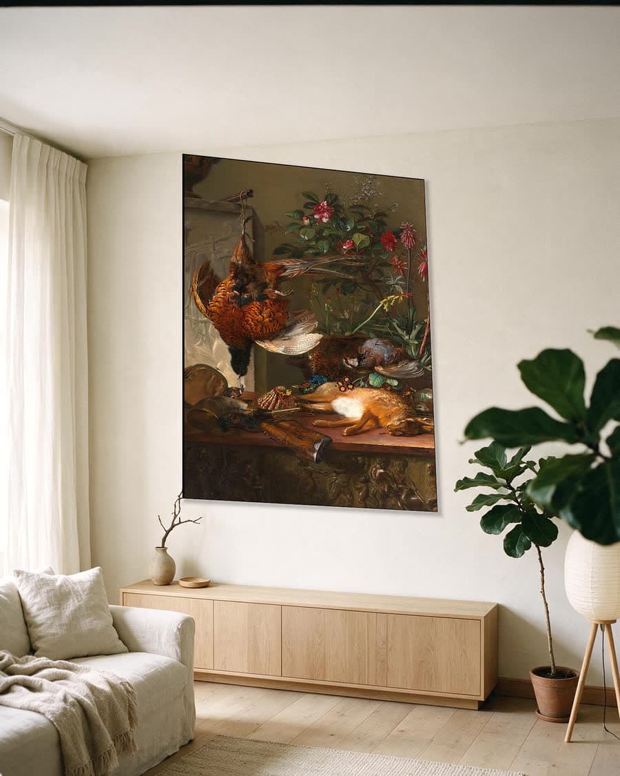 Stilleven met jachtbuit en Griekse stèle: allegorie op de herfst in een aluminium frame aan dezelfde muur