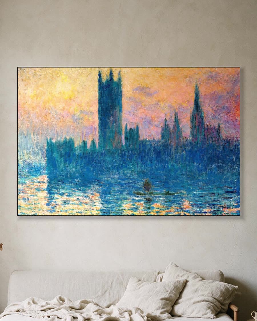 Het parlement van Londen, zonsondergang (1903) in een aluminium frame aan dezelfde muur