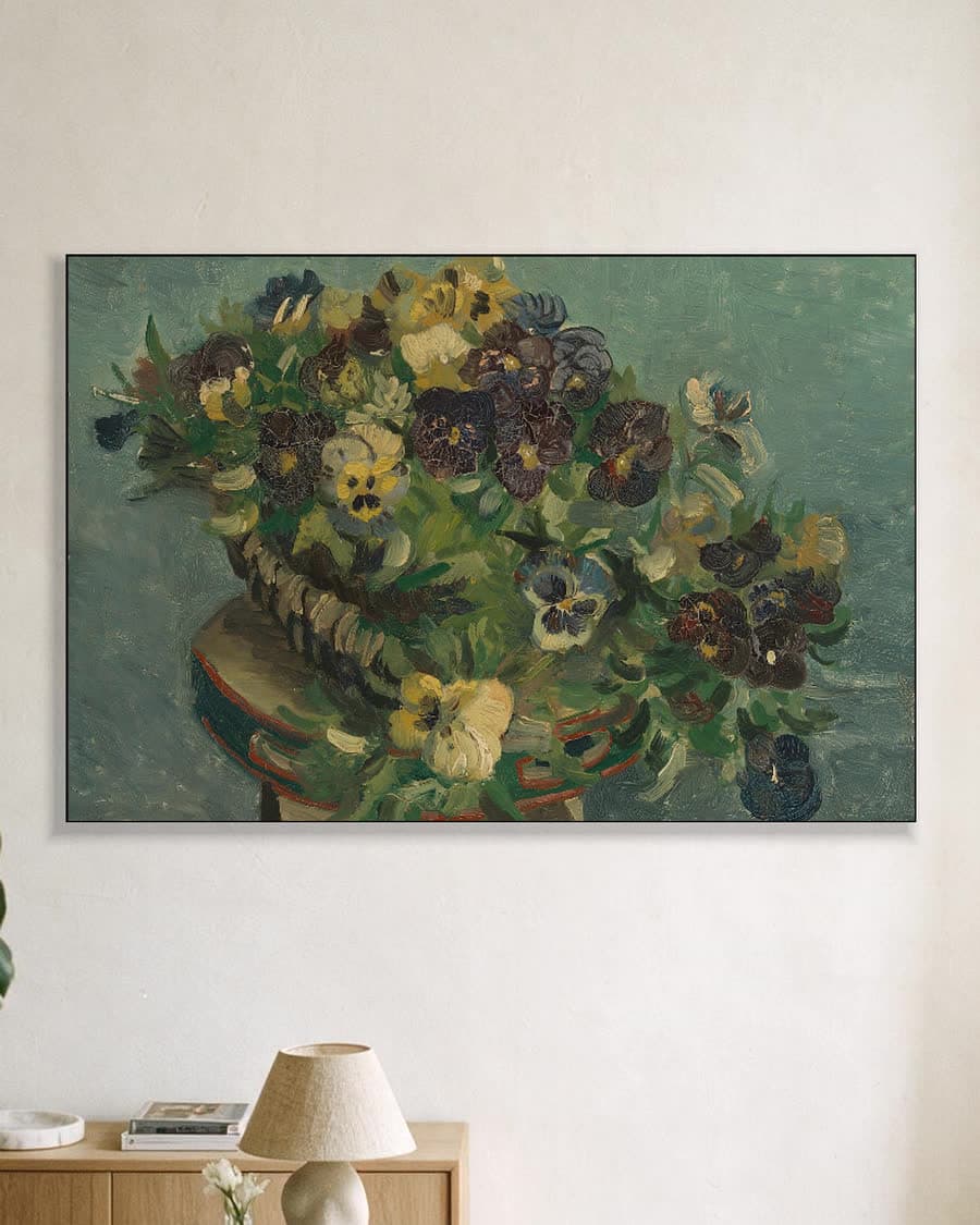 Mand met viooltjes in een aluminium frame aan dezelfde muur