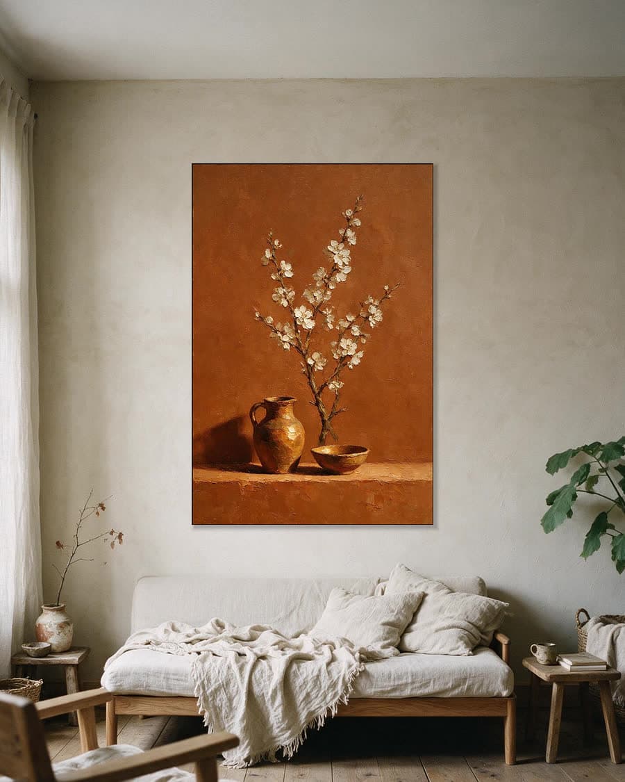 Bloesemtak in een kruik in een aluminium frame aan dezelfde muur