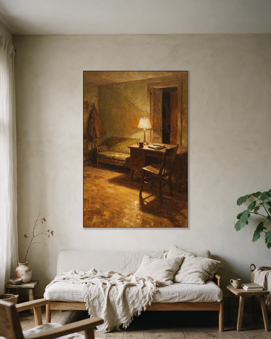 Bureau met een lamp aan in een aluminium frame aan dezelfde muur