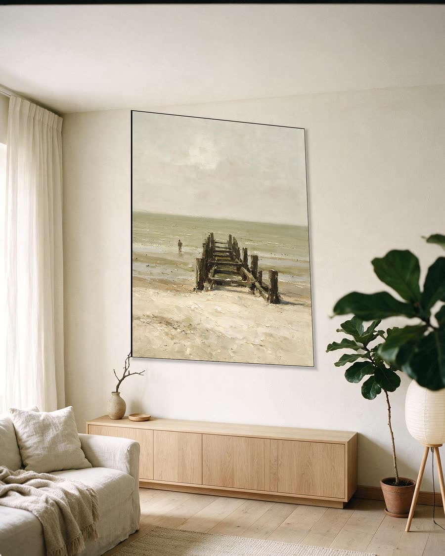Pier in de mist in een aluminium frame aan dezelfde muur