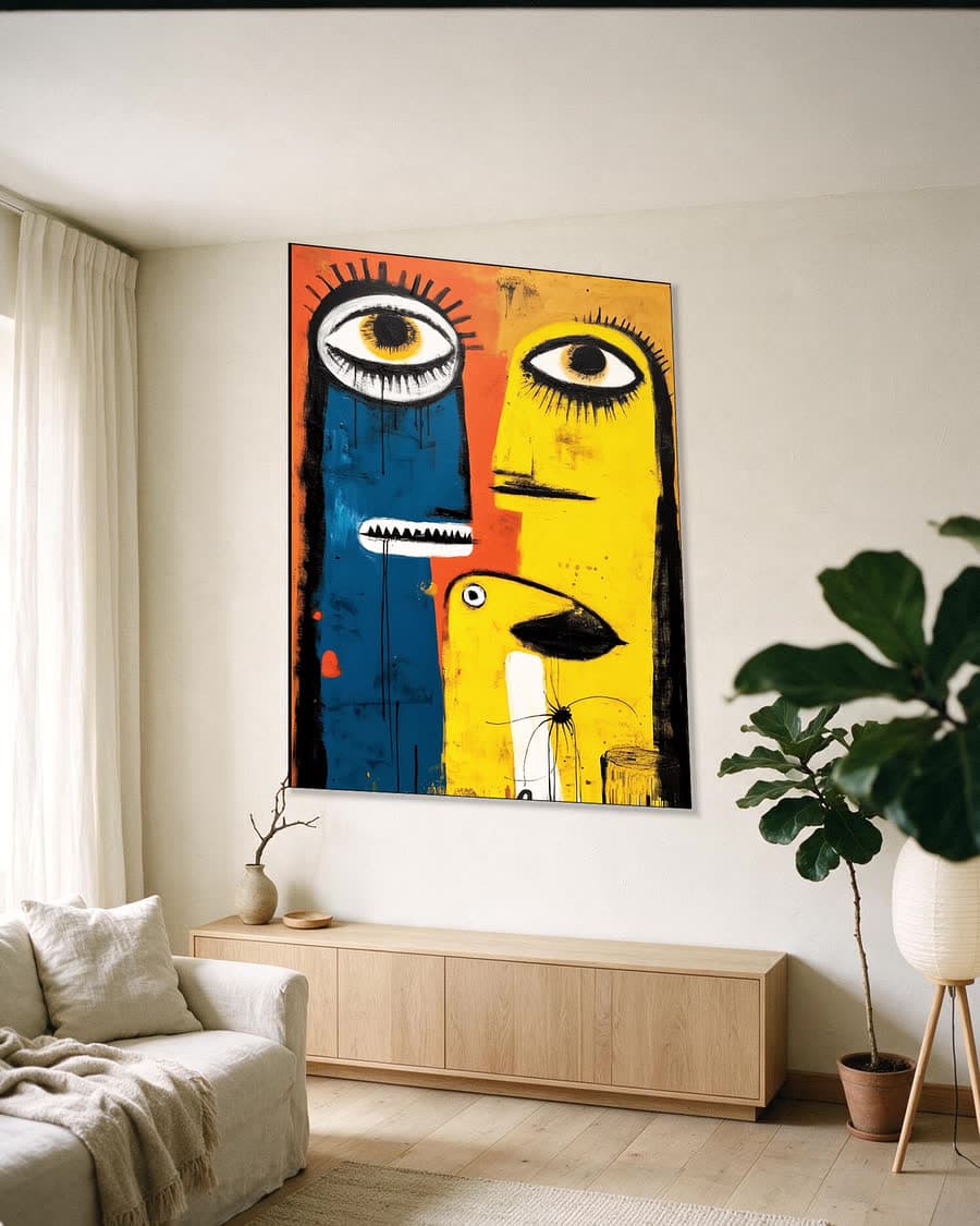 Twee gezichten in een aluminium frame aan dezelfde muur