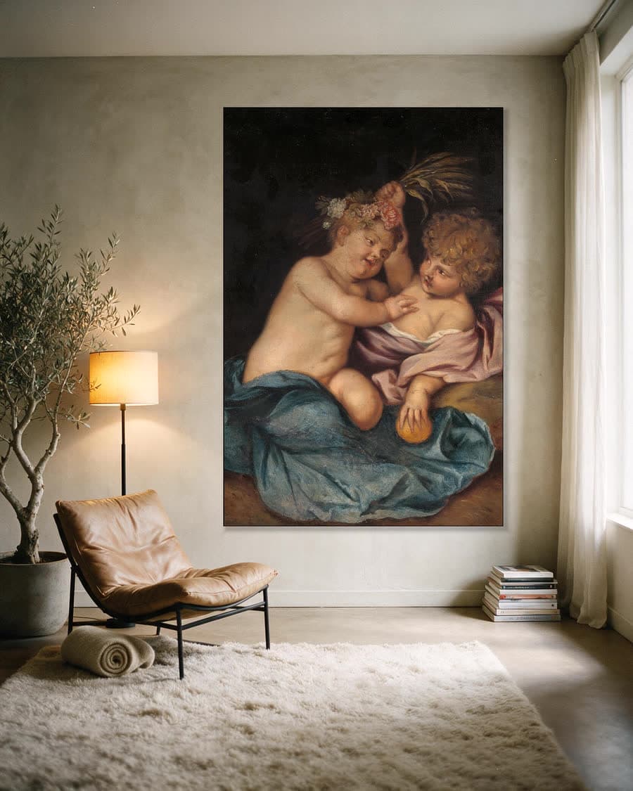 Twee kinderen als verpersoonlijking van lente en herfst in een aluminium frame aan dezelfde muur