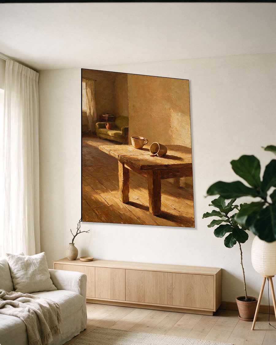 Twee koppen op tafel in een aluminium frame aan dezelfde muur