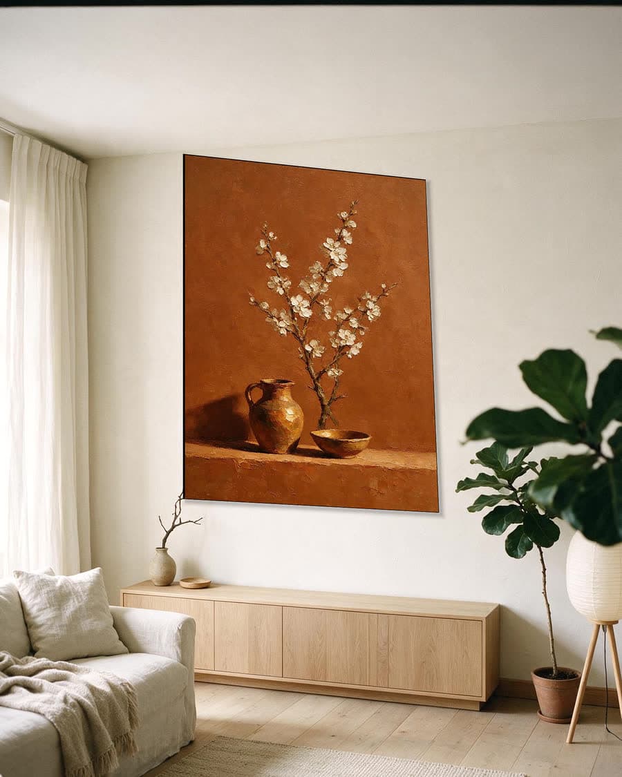Bloesemtak in een kruik in een aluminium frame aan dezelfde muur
