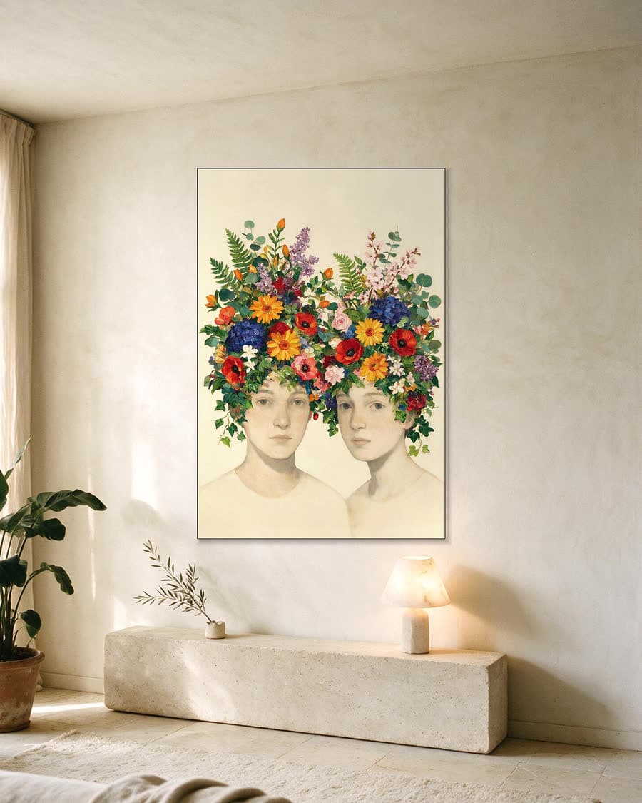 Twee koppen op wit in een aluminium frame aan dezelfde muur
