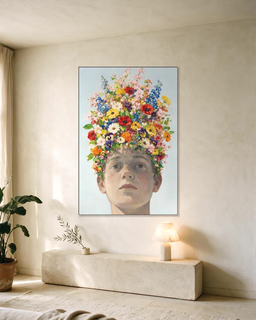 Kop van onderaf in een aluminium frame aan dezelfde muur