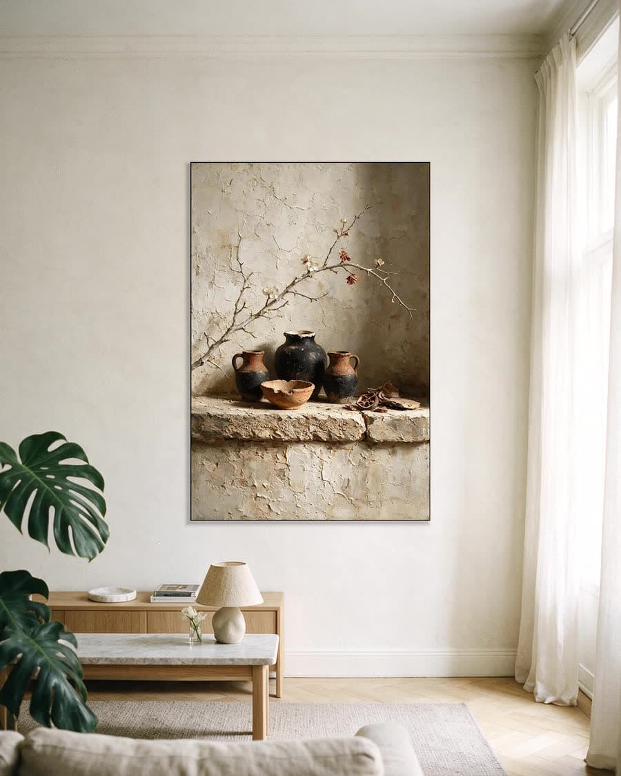 Bloesem over drie kruiken in een aluminium frame aan dezelfde muur