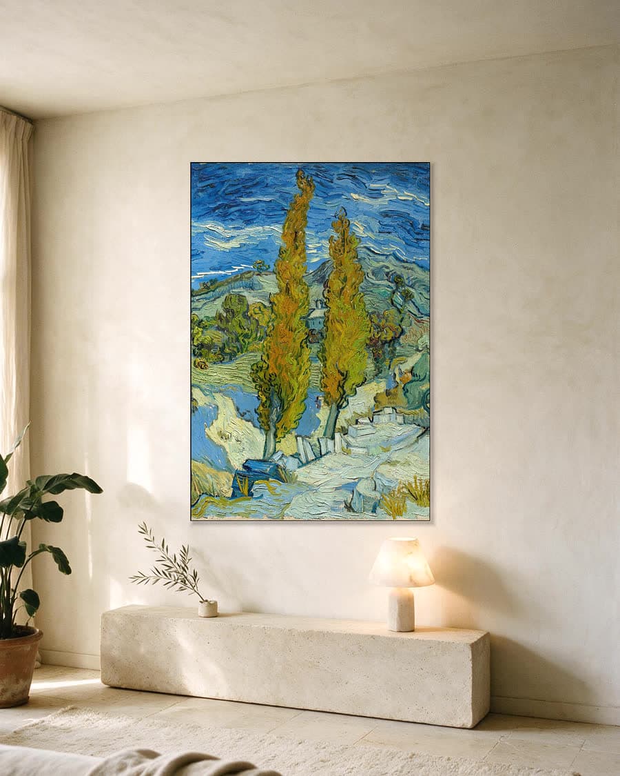 Twee populieren in de Alpilles in een aluminium frame aan dezelfde muur