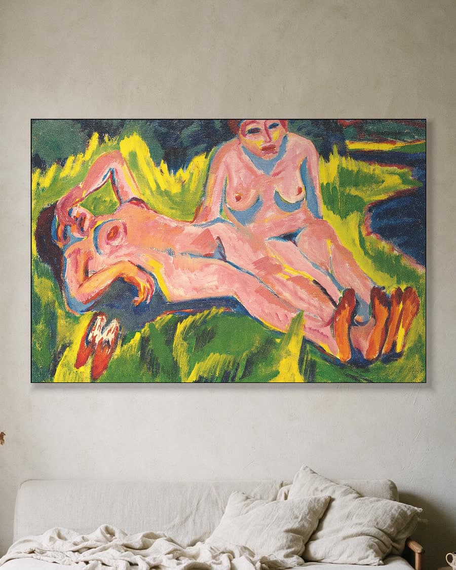 Twee roze naakten aan het meer, Moritzburg in een aluminium frame aan dezelfde muur