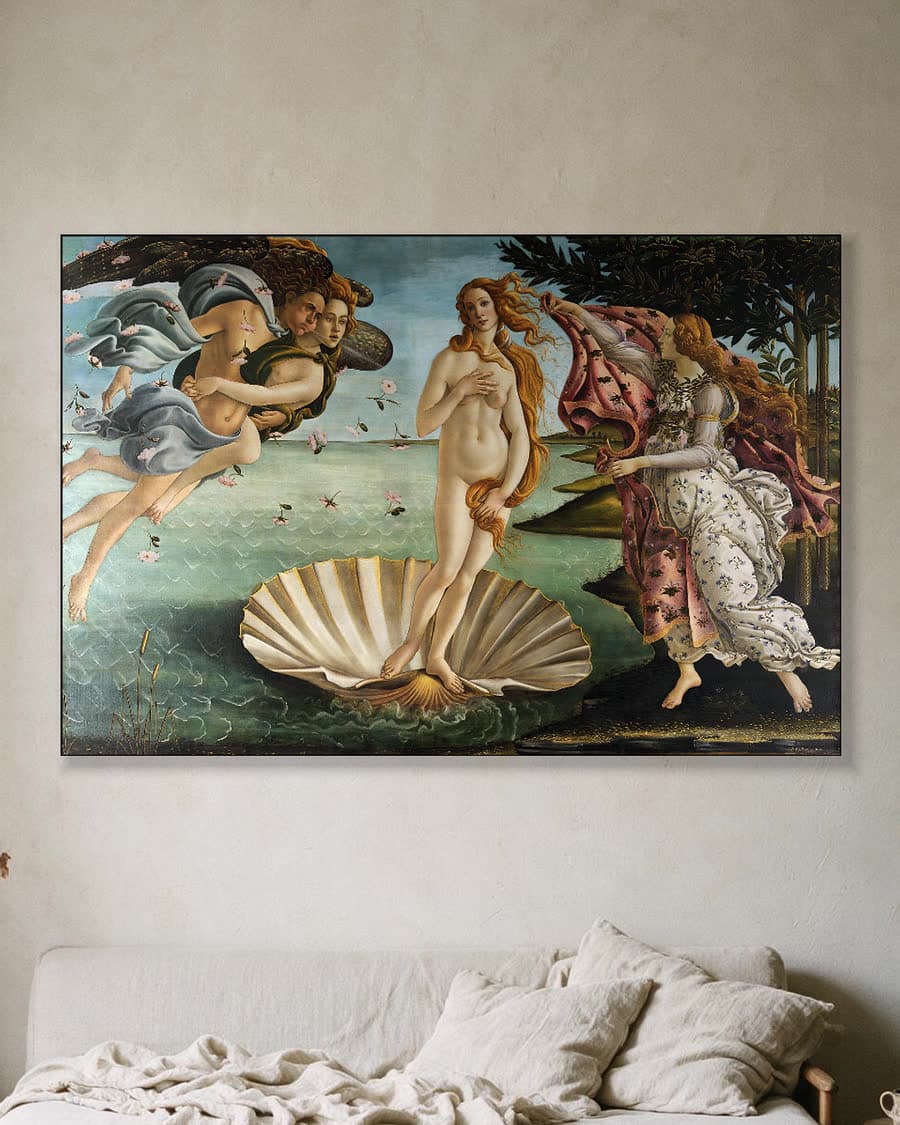 De geboorte van Venus in een aluminium frame aan dezelfde muur