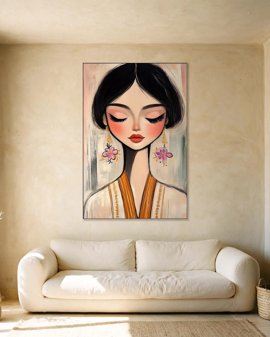 Geborduurde kimono in een aluminium frame aan dezelfde muur