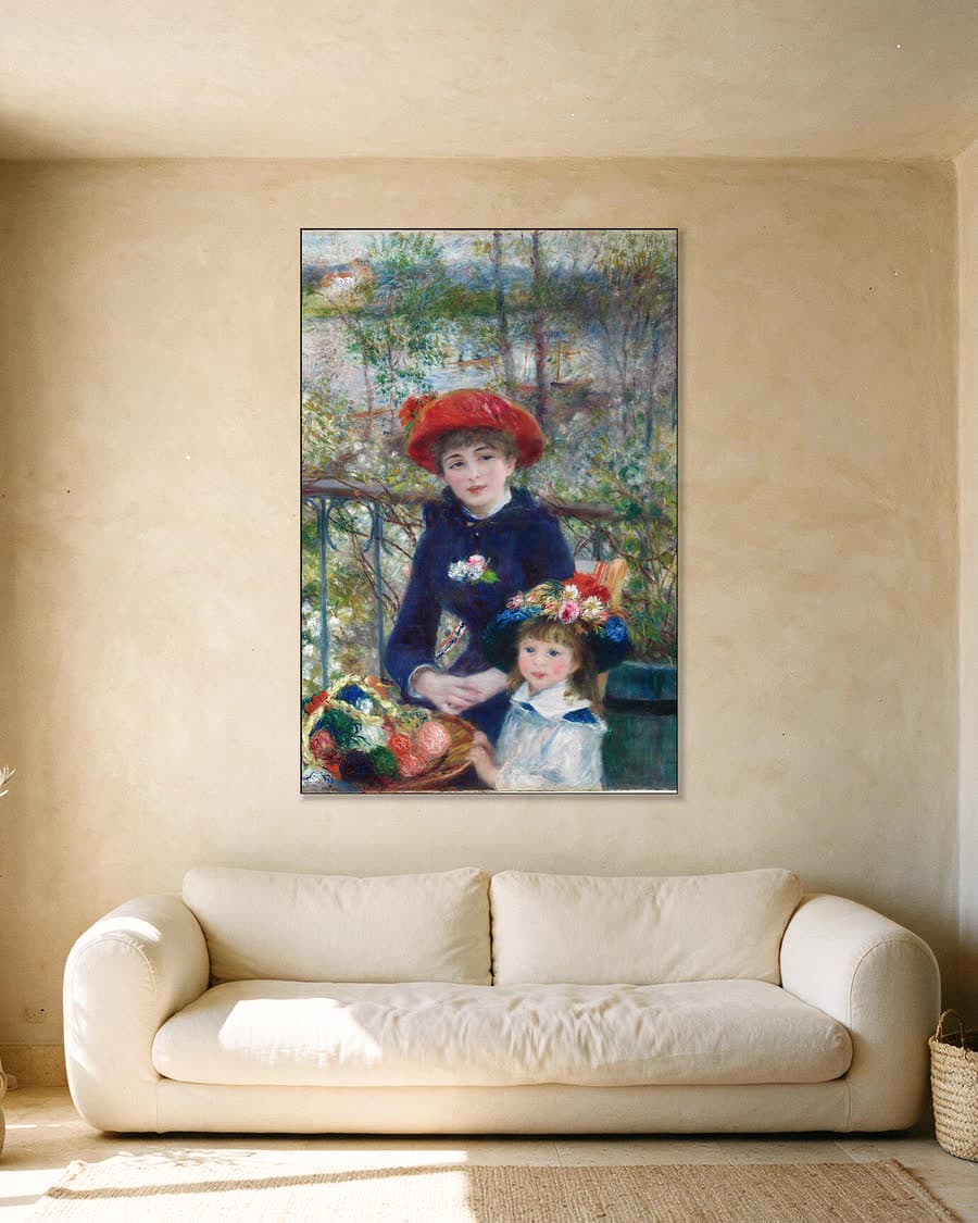 Twee zusjes (Op het terras) in een aluminium frame aan dezelfde muur