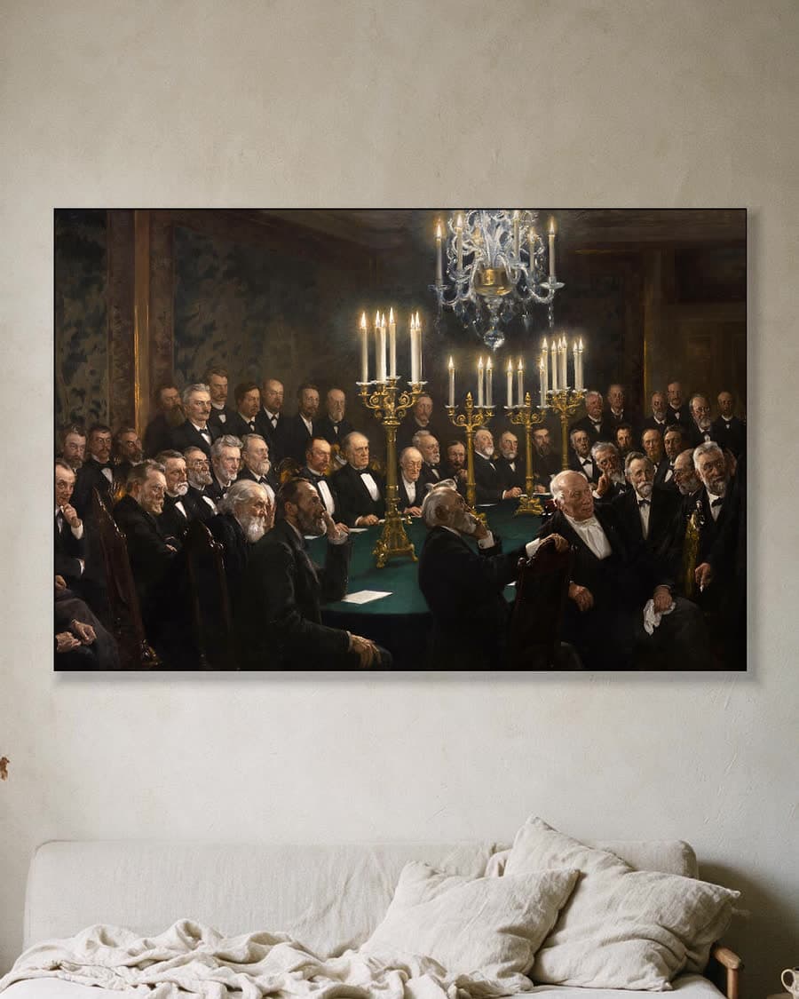 Een bijeenkomst van het Wetenschappelijk Genootschap in een aluminium frame aan dezelfde muur