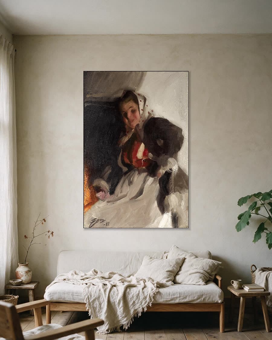Bij de open haard in een aluminium frame aan dezelfde muur
