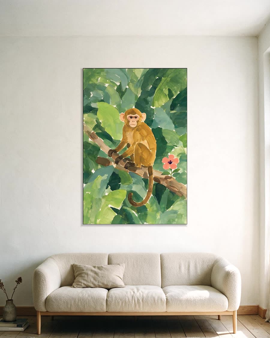 Aapje op een tak in een aluminium frame aan dezelfde muur
