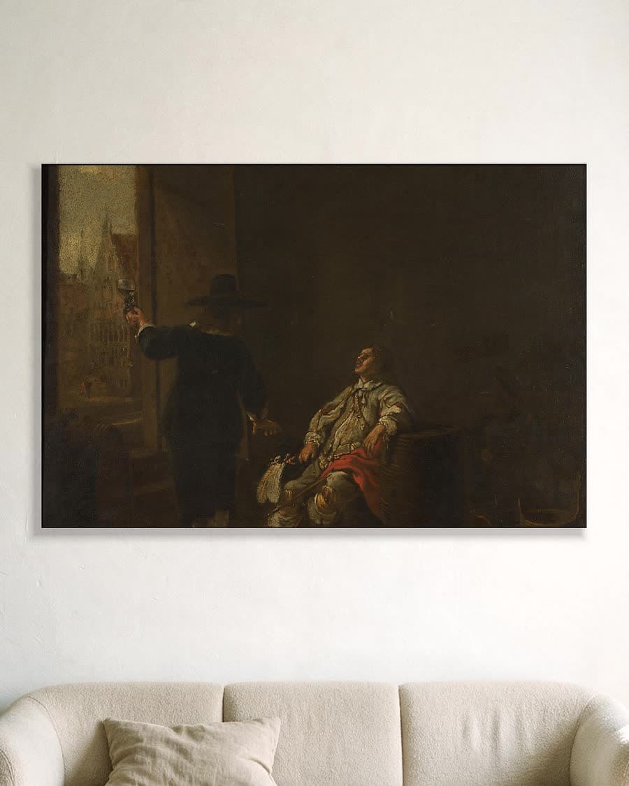 Uithangbord van een wijnhandel in een aluminium frame aan dezelfde muur