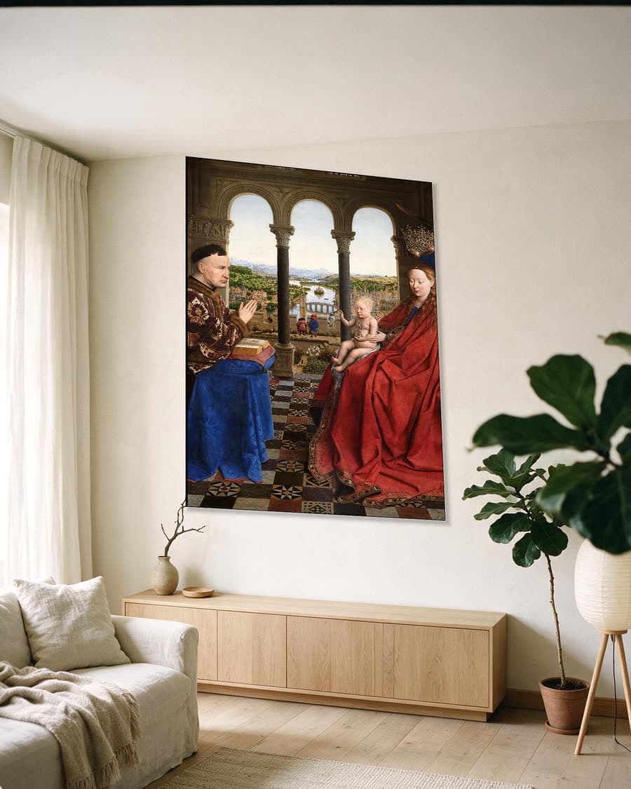 De Madonna van kanselier Rolin in een aluminium frame aan dezelfde muur