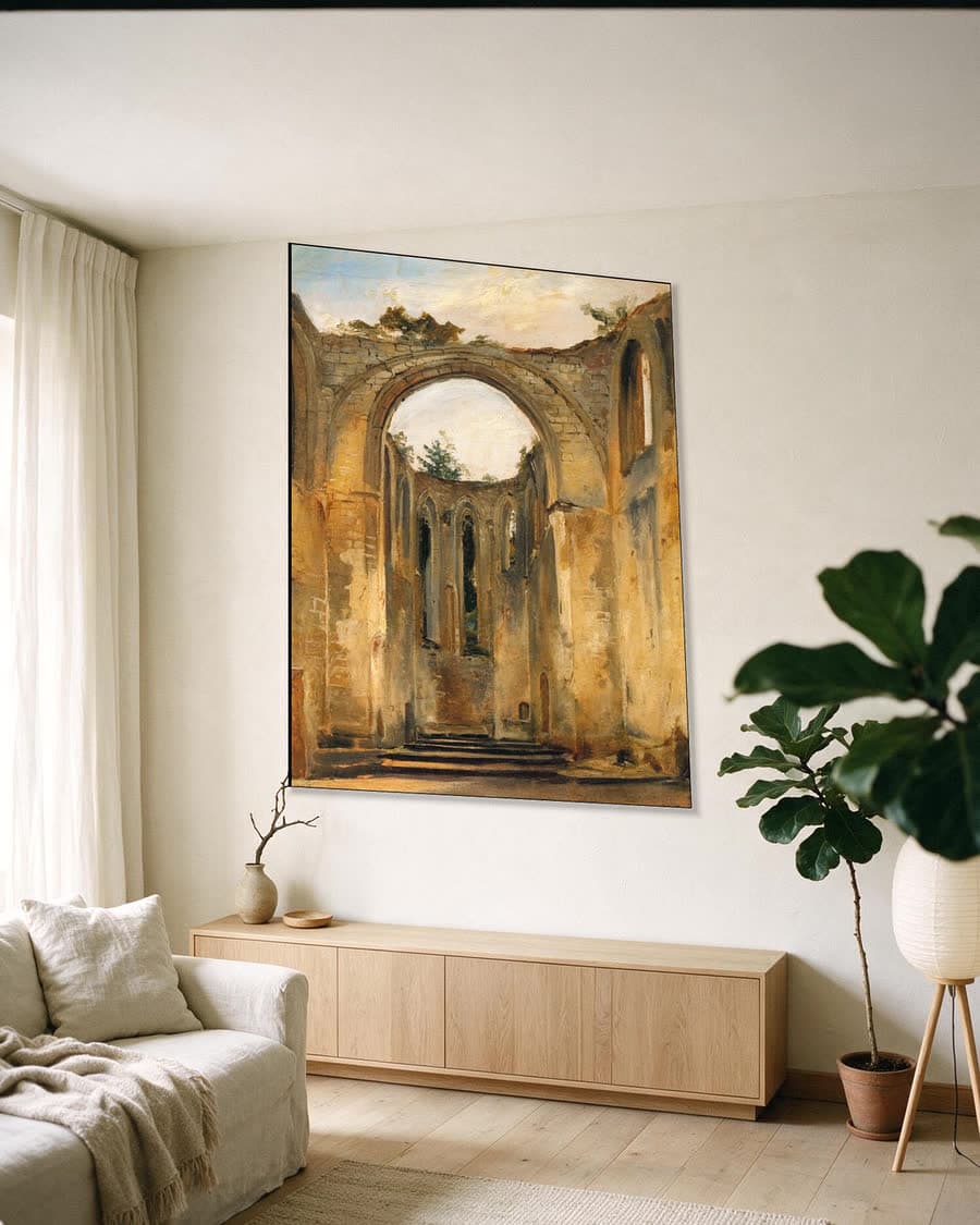 Kloosterruïne bij Oybin in een aluminium frame aan dezelfde muur