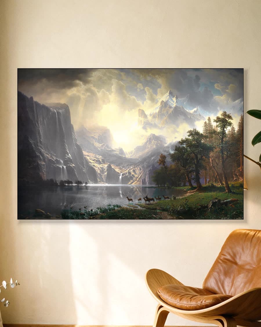 Among the Sierra Nevada, California (1868) in een aluminium frame aan dezelfde muur