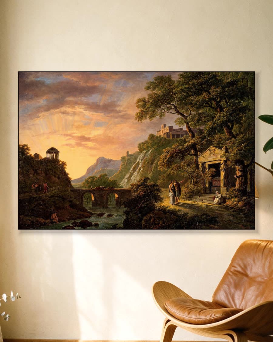 Arcadisch landschap met ondergaande zon in een aluminium frame aan dezelfde muur