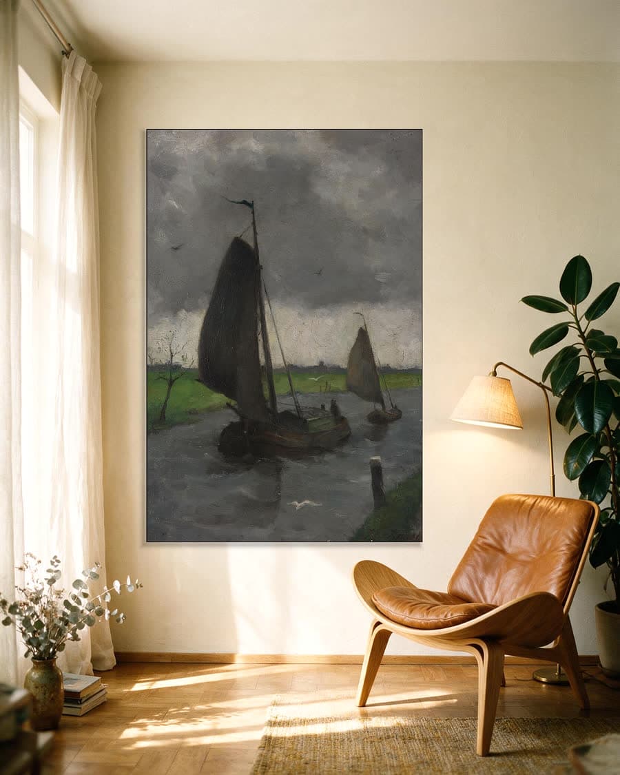 Vaart met zeilende scheepjes in een aluminium frame aan dezelfde muur