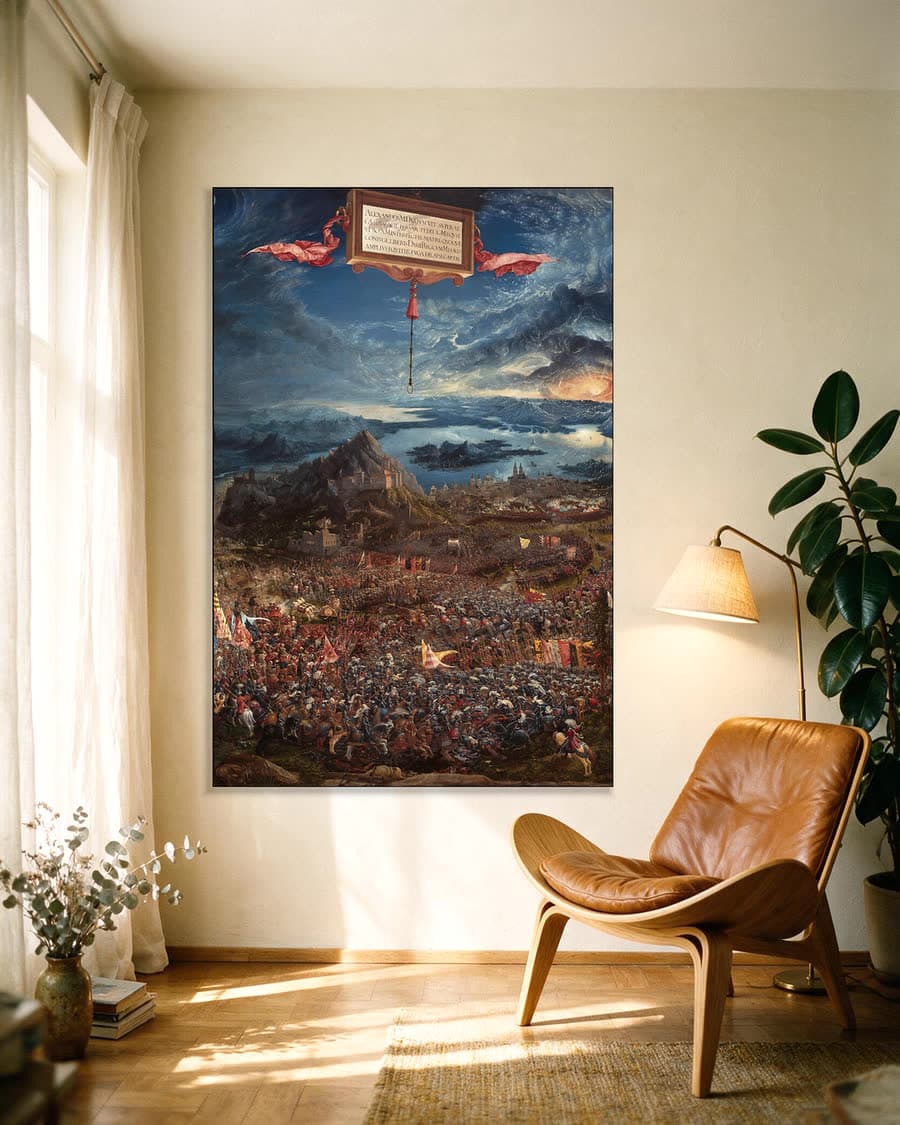 De slag bij Issus in een aluminium frame aan dezelfde muur