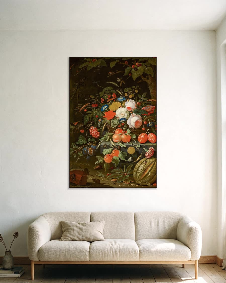 Bloemen en fruit in een aluminium frame aan dezelfde muur