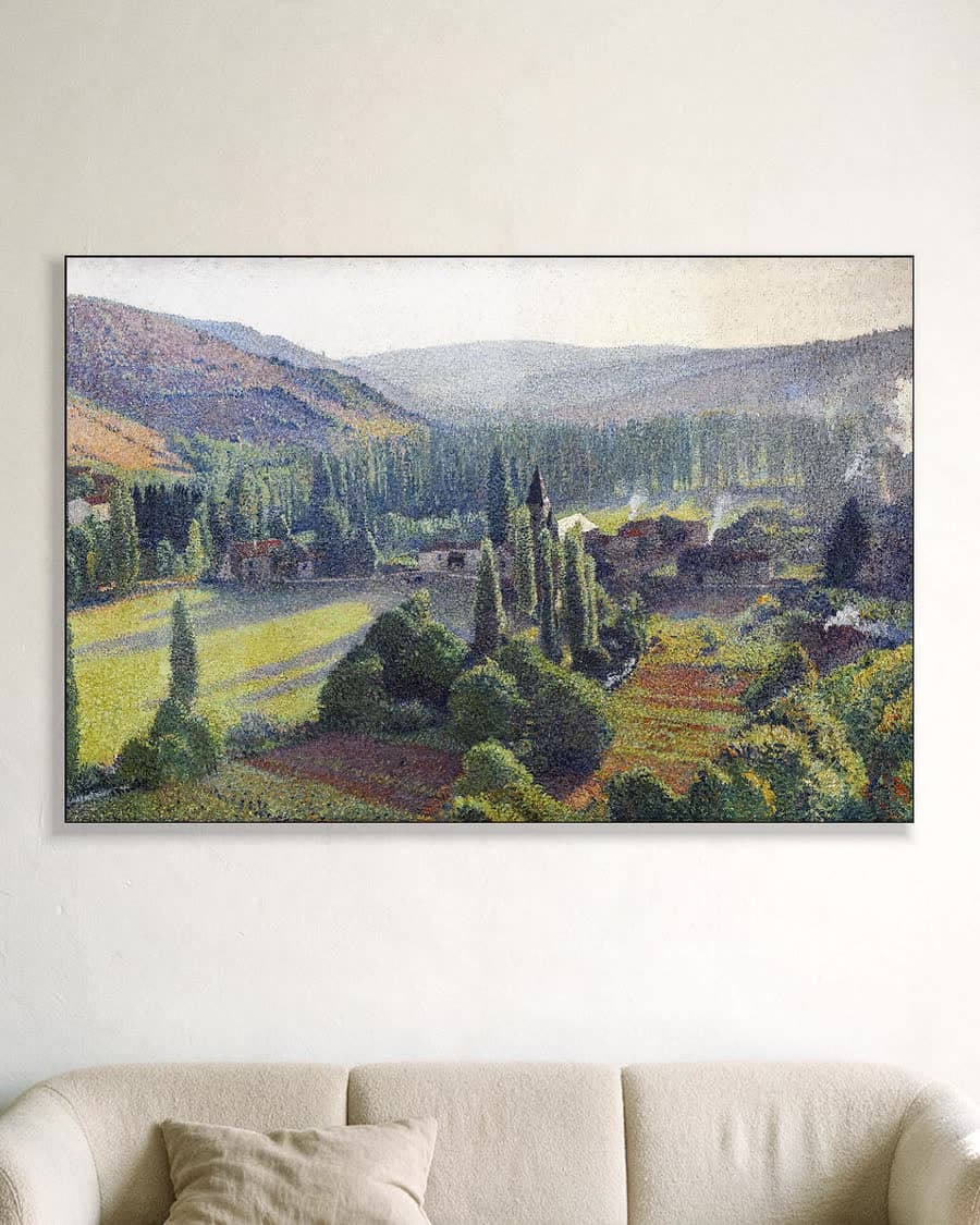 Vallei met cipressen in een aluminium frame aan dezelfde muur