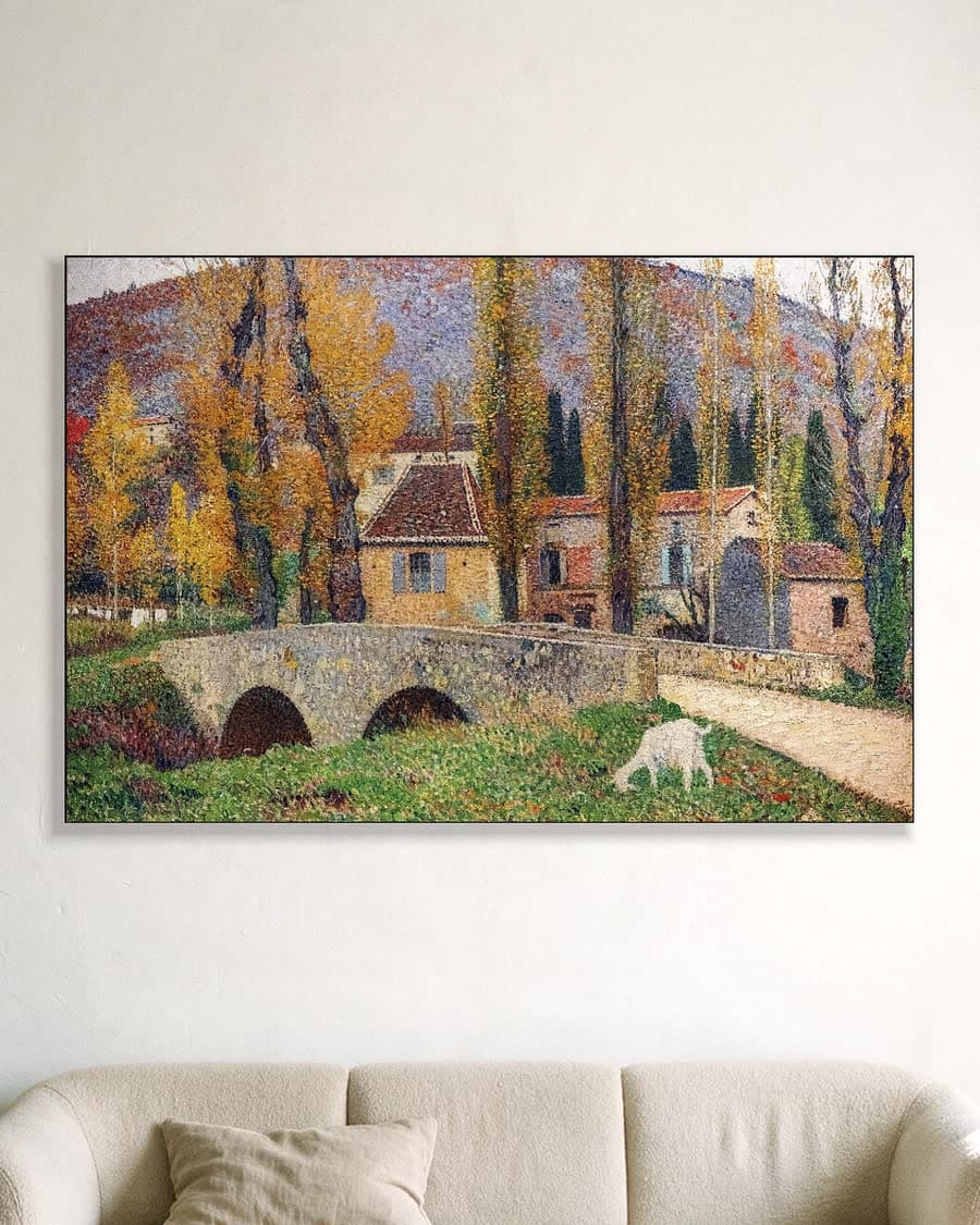 Herfstlandschap met brug in een aluminium frame aan dezelfde muur