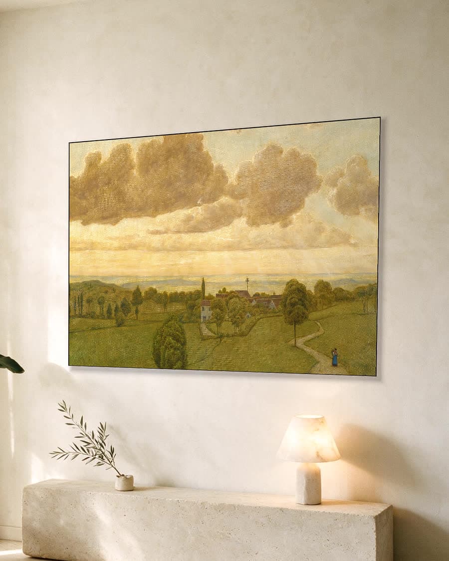 Gouden Avond boven het Dorp in een aluminium frame aan dezelfde muur