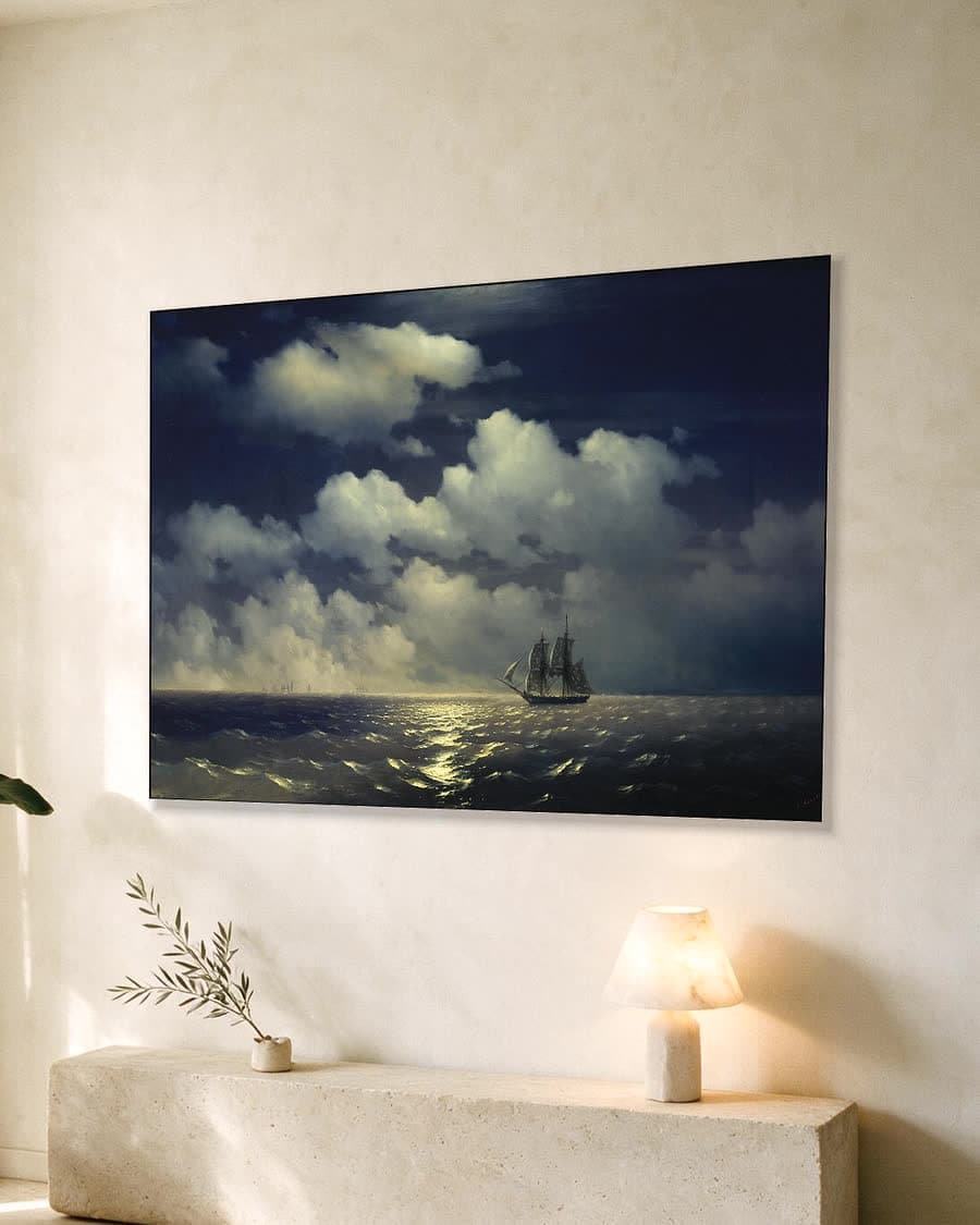 De brik Mercurius ontmoet het Russische eskader in een aluminium frame aan dezelfde muur
