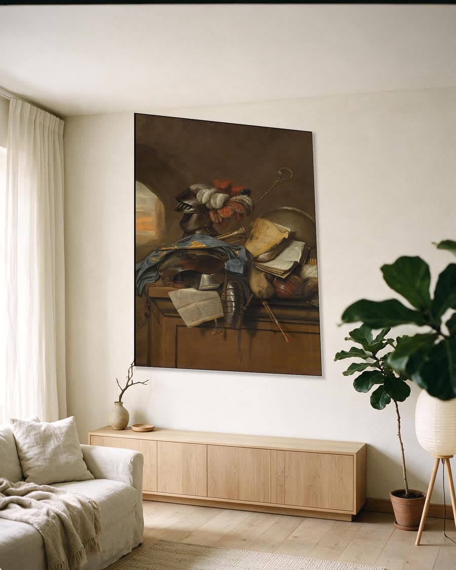 Vanitasstilleven in een aluminium frame aan dezelfde muur