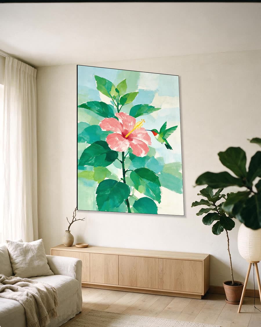 Kolibrie en hibiscus in een aluminium frame aan dezelfde muur