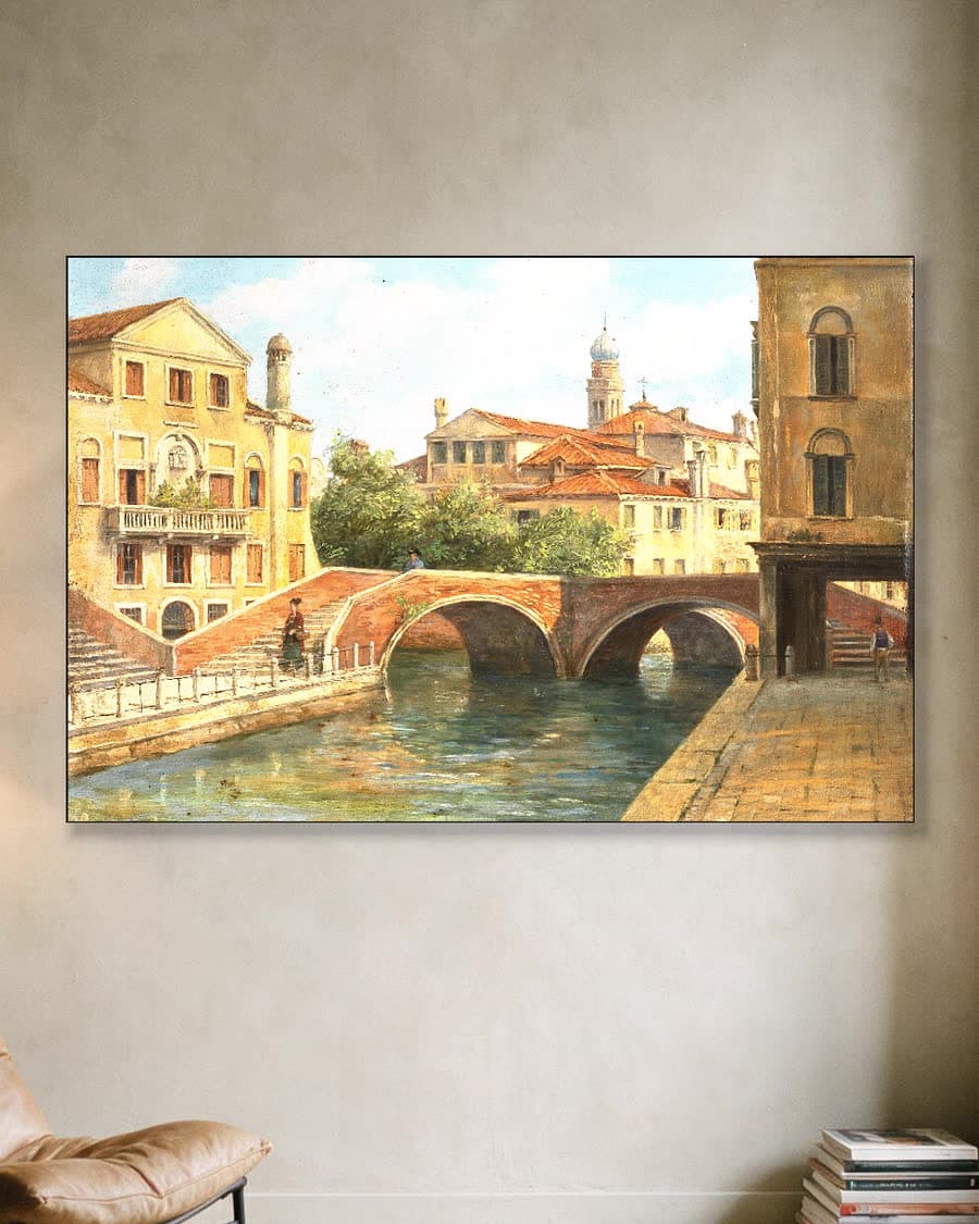 Venetiaans kanaal met bruggen in een aluminium frame aan dezelfde muur