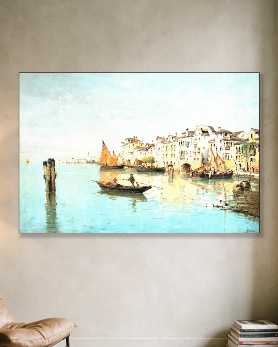 Zonnige dag aan de Venetiaanse gracht in een aluminium frame aan dezelfde muur