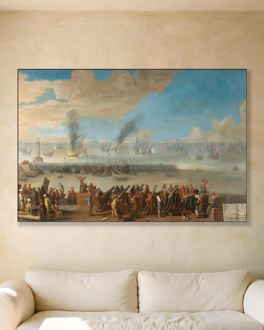 De zeeslag bij Livorno, 14 maart 1653 in een aluminium frame aan dezelfde muur