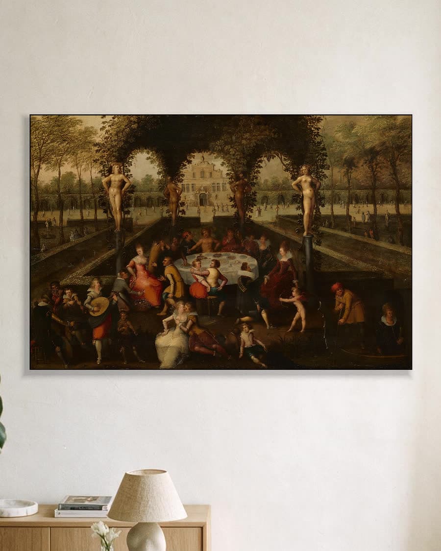 Venus, Bacchus en Ceres met stervelingen in een minnetuin in een aluminium frame aan dezelfde muur